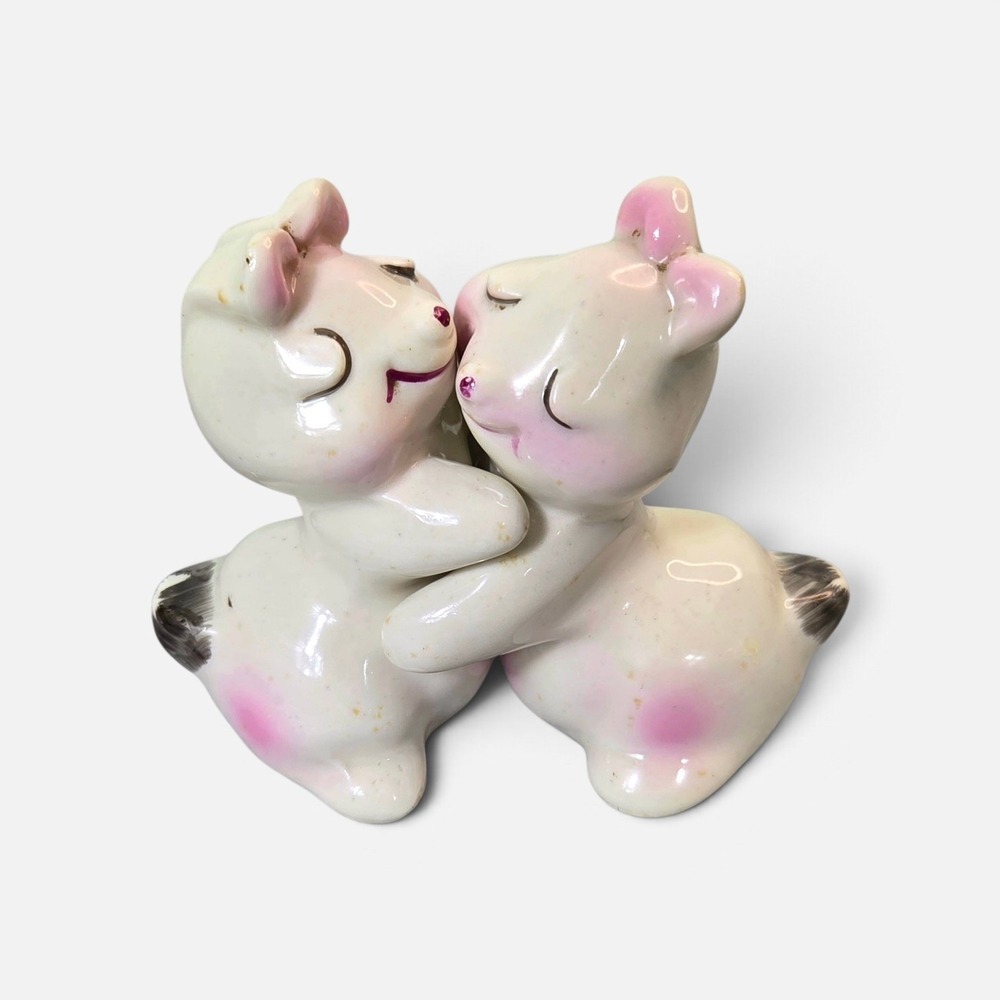 Vintage Hugging Bunnies Salt and Pepper Shakers Ceramic Pink White Set 4 In.